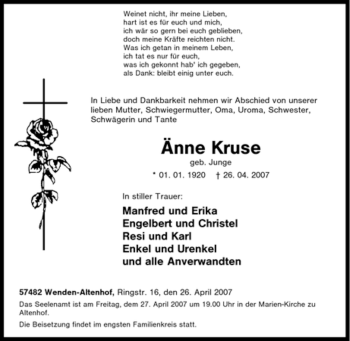 Traueranzeige von Änne Kruse von Tageszeitung