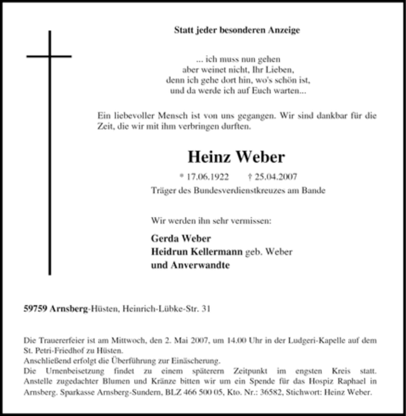  Traueranzeige für Heinz Weber vom 27.04.2007 aus Tageszeitung