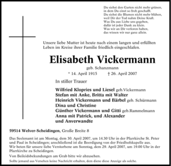 Traueranzeige von Elisabeth Vickermann von Tageszeitung