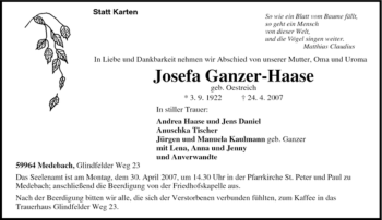 Traueranzeige von Josefa Ganzer-Haase von Tageszeitung