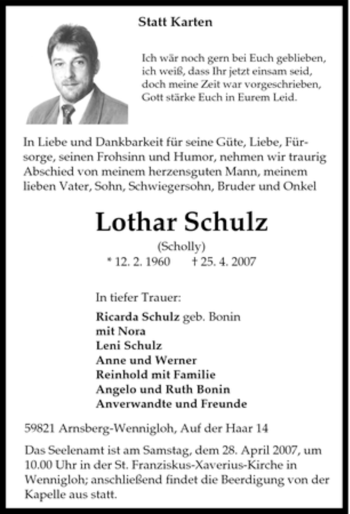 Traueranzeige von Lothar Schulz von Tageszeitung