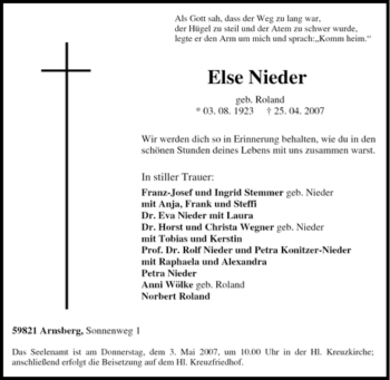 Traueranzeige von Else Nieder von Tageszeitung