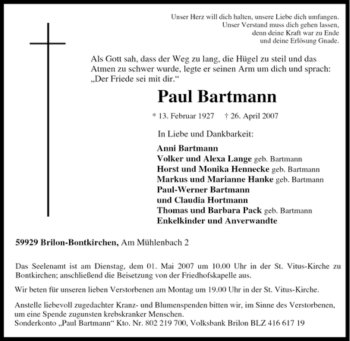 Traueranzeige von Paul Bartmann von Tageszeitung