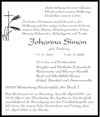 Traueranzeige von Johanna Simon von Tageszeitung