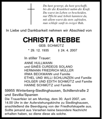 Traueranzeige von Christa Rebbe von Tageszeitung