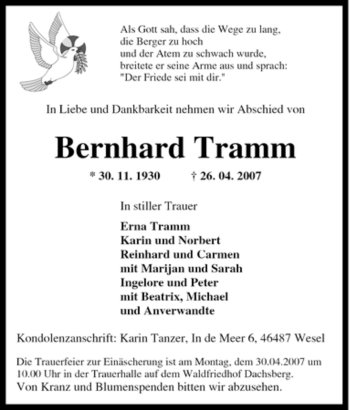 Traueranzeige von Bernhard Tramm von Tageszeitung