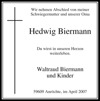 Traueranzeige von Hedwig Biermann von Tageszeitung