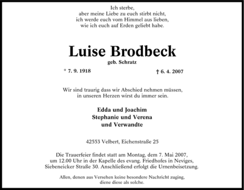  Traueranzeige für Luise Brodbeck vom 28.04.2007 aus Tageszeitung