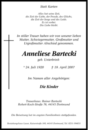 Traueranzeige von Anneliese Bartecki von Tageszeitung