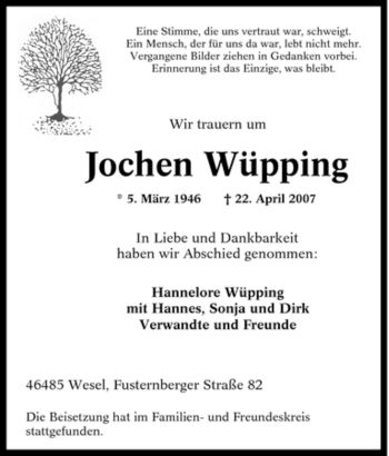 Traueranzeige von Jochen Wüpping von Tageszeitung