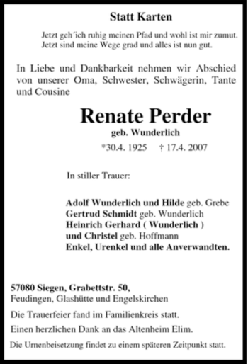 Traueranzeige von Renate Perder von Tageszeitung