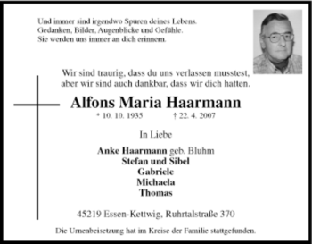 Traueranzeige von Alfons Maria Haarmann von Tageszeitung