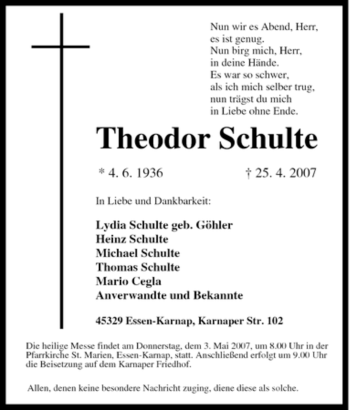 Traueranzeige von Theodor Schulte von Tageszeitung