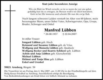 Traueranzeige von Manfred Lübben von Tageszeitung