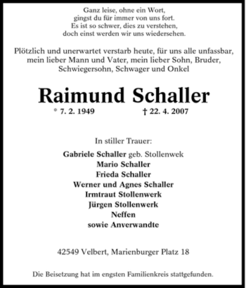 Traueranzeige von Raimund Schaller von Tageszeitung