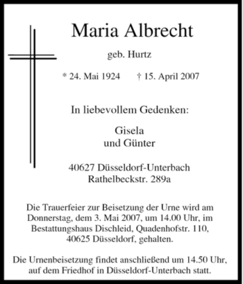 Traueranzeige von Maria Albrecht von Tageszeitung