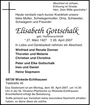 Traueranzeige von Elisabeth Gottschalk von Tageszeitung