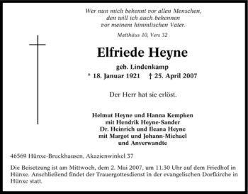 Traueranzeige von Elfriede Heyne von Tageszeitung