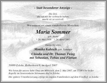 Traueranzeige von Maria Sommer von Tageszeitung