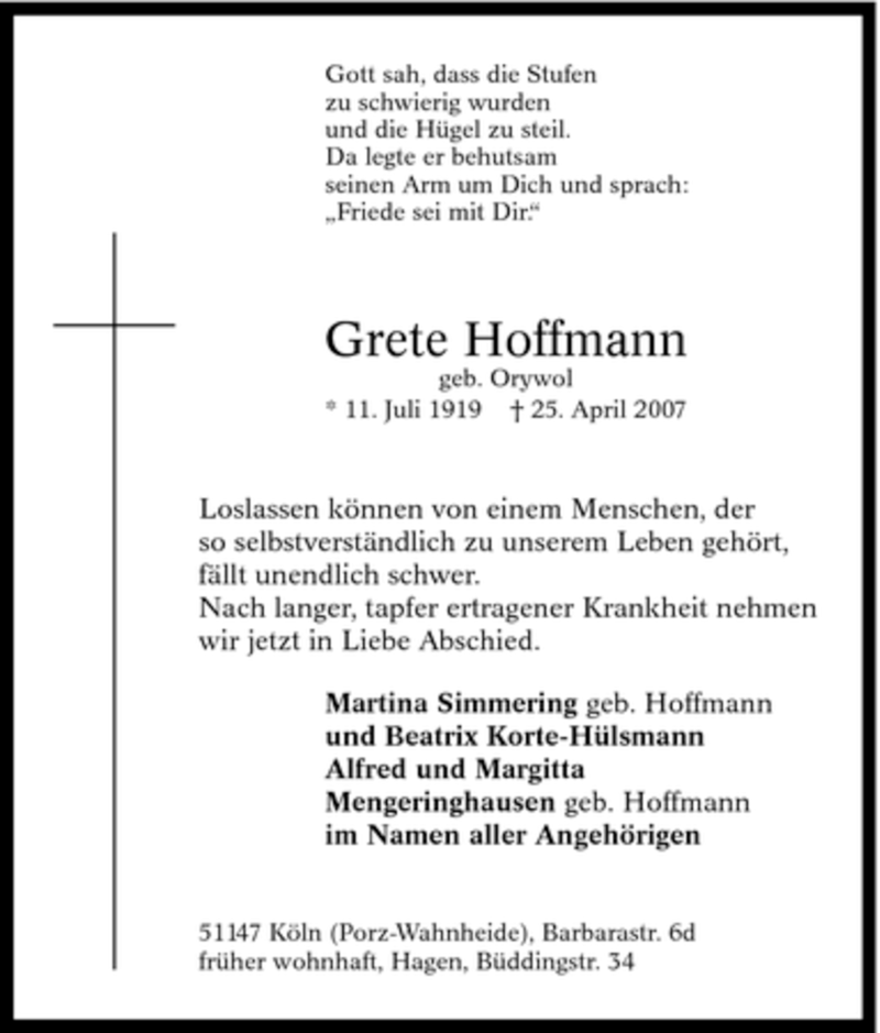  Traueranzeige für Grete Hoffmann vom 28.04.2007 aus Tageszeitung