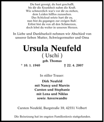 Traueranzeige von Ursula Neufeld von Tageszeitung