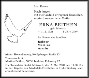 Traueranzeige von Erna Beithen von Tageszeitung