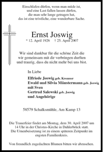 Traueranzeige von Ernst Joswig von Tageszeitung