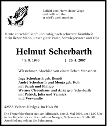 Traueranzeige von Helmut Scherbarth von Tageszeitung