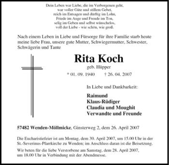 Traueranzeige von Rita Koch von Tageszeitung
