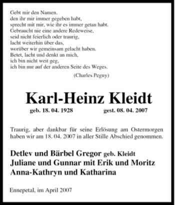 Traueranzeige von Karl-Heinz Kleidt von Tageszeitung