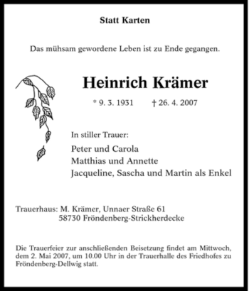 Traueranzeige von Heinrich Krämer von Tageszeitung