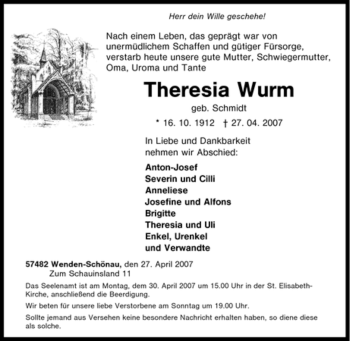 Traueranzeige von Theresia Wurm von Tageszeitung