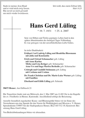 Traueranzeige von Hans Gerd Lüling von Tageszeitung