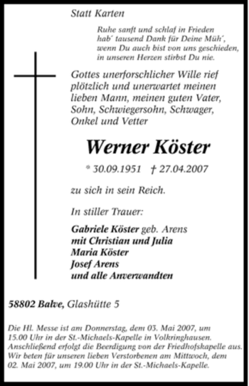 Traueranzeige von Werner Köster von Tageszeitung