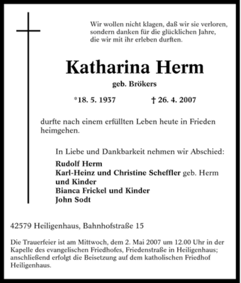  Traueranzeige für Katharina Herm vom 28.04.2007 aus Tageszeitung