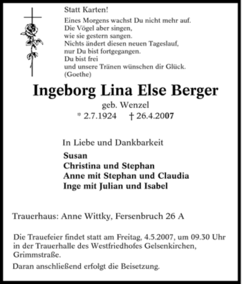Traueranzeige von Ingeborg Lina Else Berger von Tageszeitung