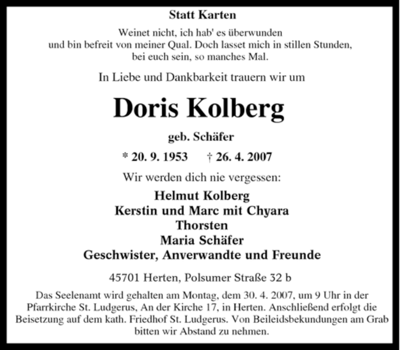  Traueranzeige für Doris Kolberg vom 28.04.2007 aus Tageszeitung
