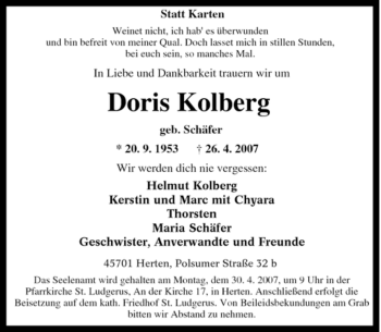 Traueranzeige von Doris Kolberg von Tageszeitung