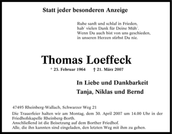 Traueranzeige von Thomas Loeffeck von Tageszeitung