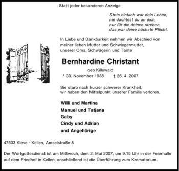 Traueranzeige von Bernhardine Christant von Tageszeitung