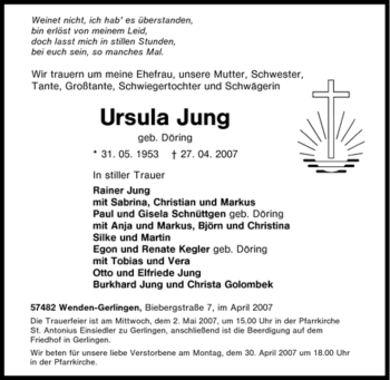 Traueranzeige von Ursula Jung von Tageszeitung