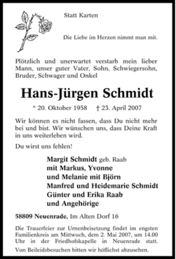 Traueranzeige von Hans-Jürgen Schmidt von Tageszeitung