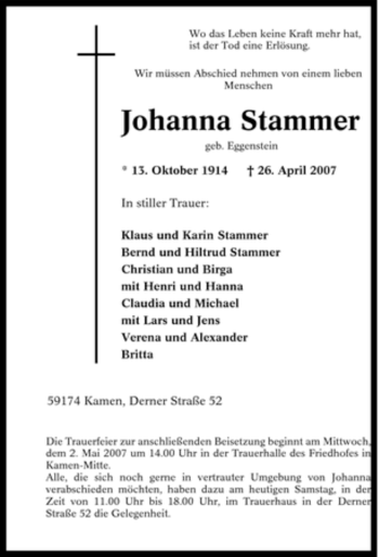 Traueranzeige von Johanna Stammer von Tageszeitung