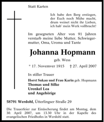 Traueranzeige von Johanna Hopmann von Tageszeitung