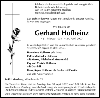 Traueranzeige von Gerhard Hofheinz von Tageszeitung