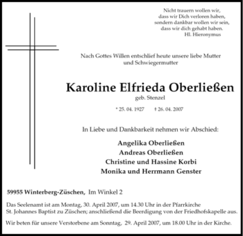 Traueranzeige von Karoline Elfrieda Oberließen von Tageszeitung