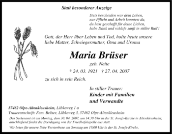 Traueranzeige von Maria Brüser von Tageszeitung