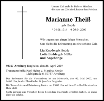Traueranzeige von Marianne Theiß von Tageszeitung