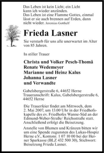 Traueranzeige von Frieda Lasner von Tageszeitung