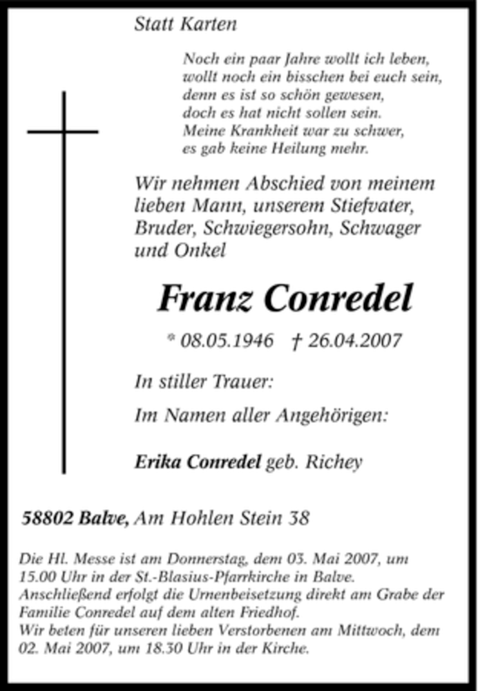  Traueranzeige für Franz Conredel vom 28.04.2007 aus Tageszeitung